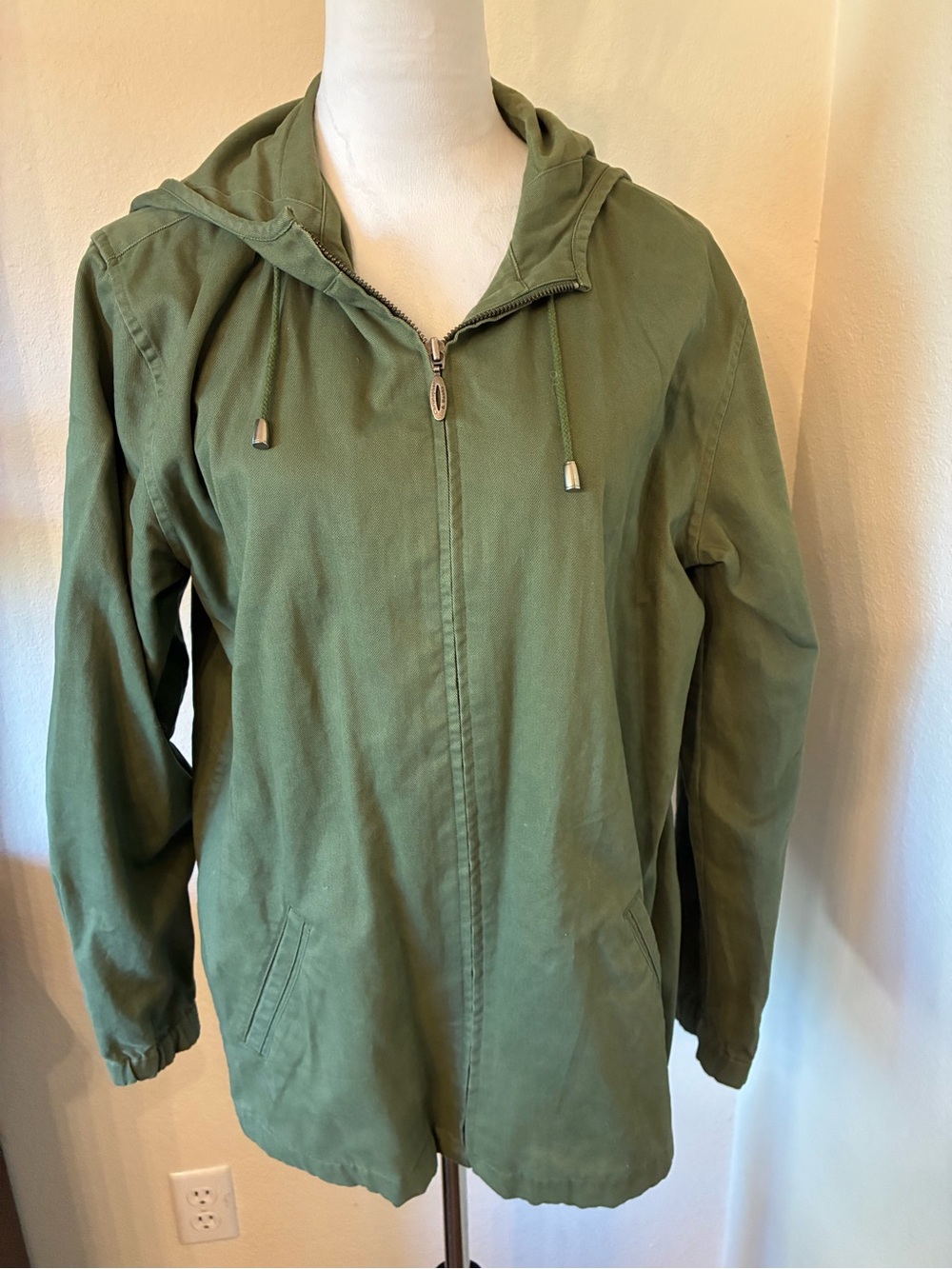 Christopher & Banks Olive Green Hooded Zip Utility Jacket 100% Cotton